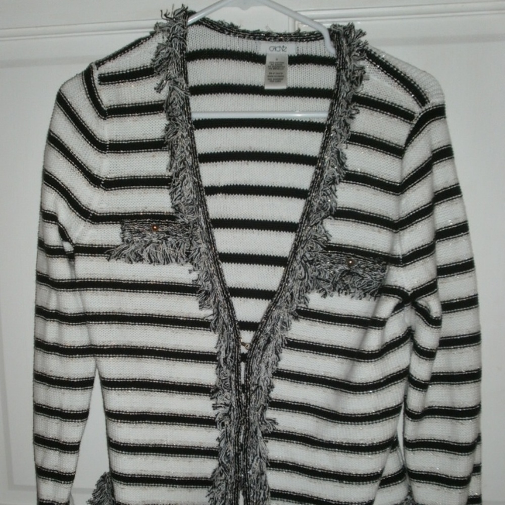 CACHE Striped Fringe Sweater sz M Cardigan Jacket